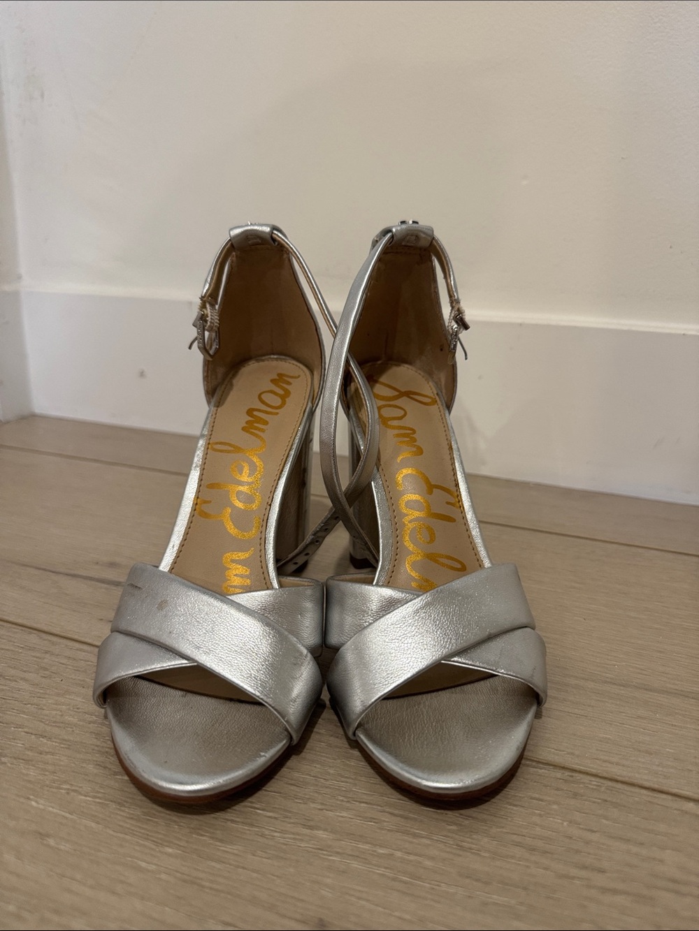 Sam Edelman Silver Metallic Block Heel Sandals with Ankle Strap